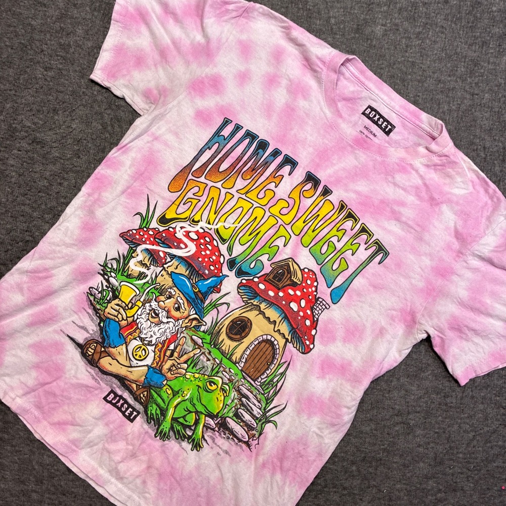 Boxset‎ Home Sweet Gnome T-Shirt Mens Medium Pink Tie Dye Graphic Psychedelic